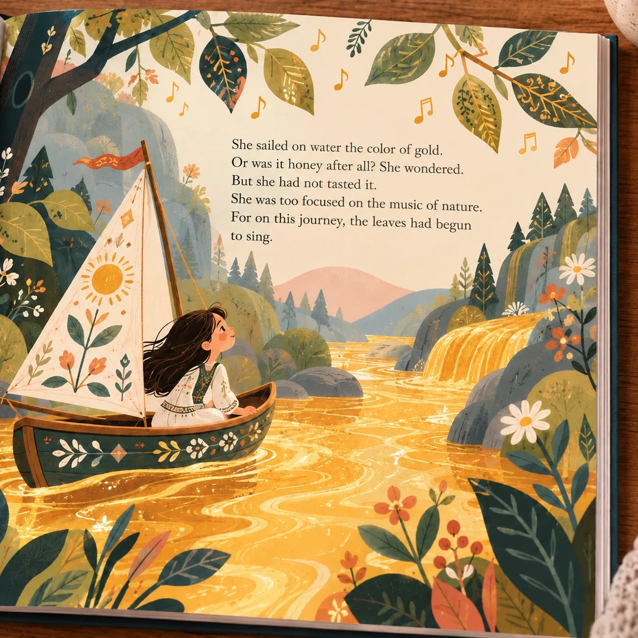 Open children's book page: a girl sailing in a boat on a golden river