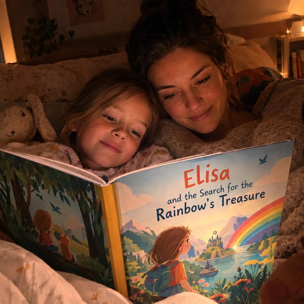Mother and daughter reading their children's book: Elisa and the Search for the Rainbow's Treasure