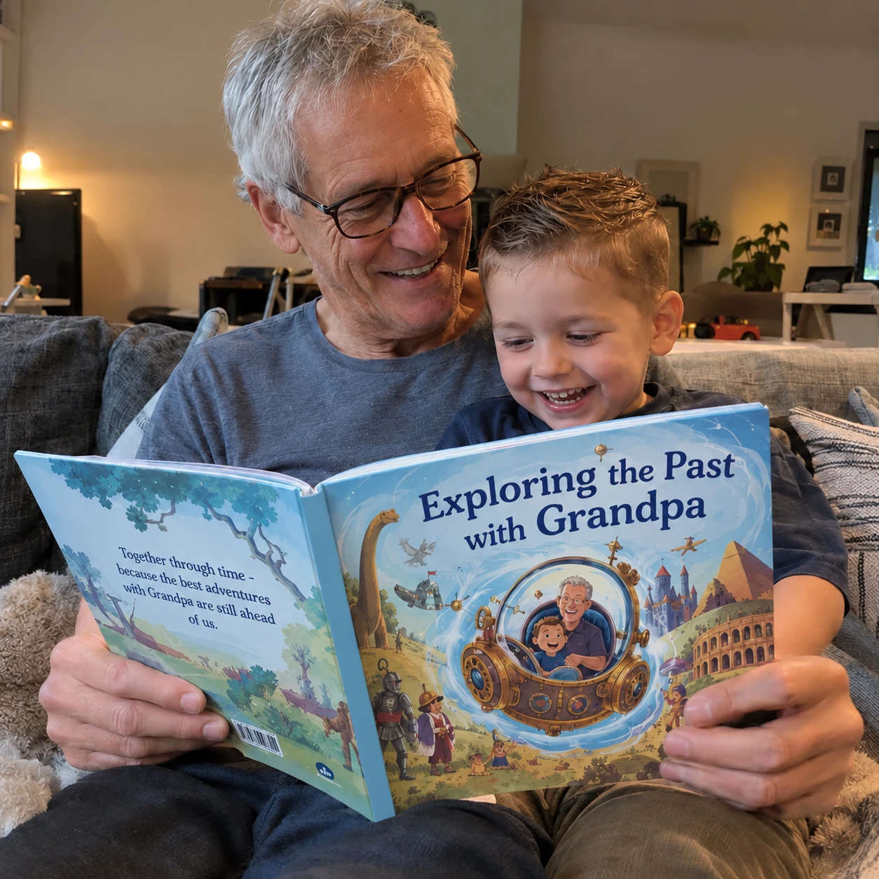 Grandpa and grandson reading their children's book: Exploring the Past with Grandpa