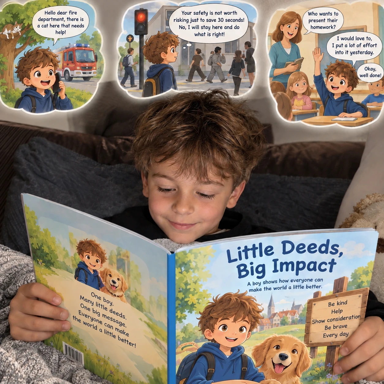 Boy reading his children's book: Little Deeds, Big Impact