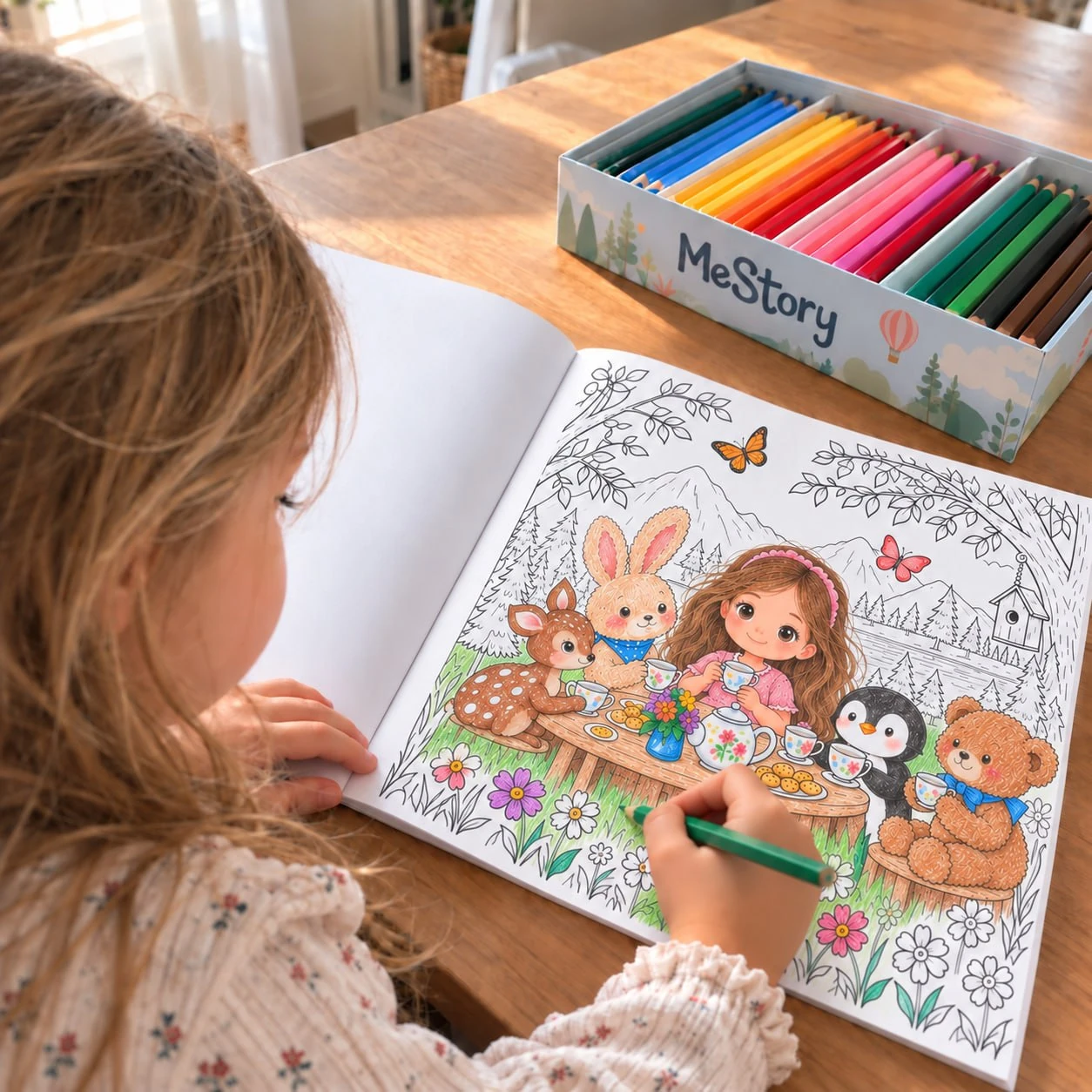 Girl coloring a page of her personalized coloring book