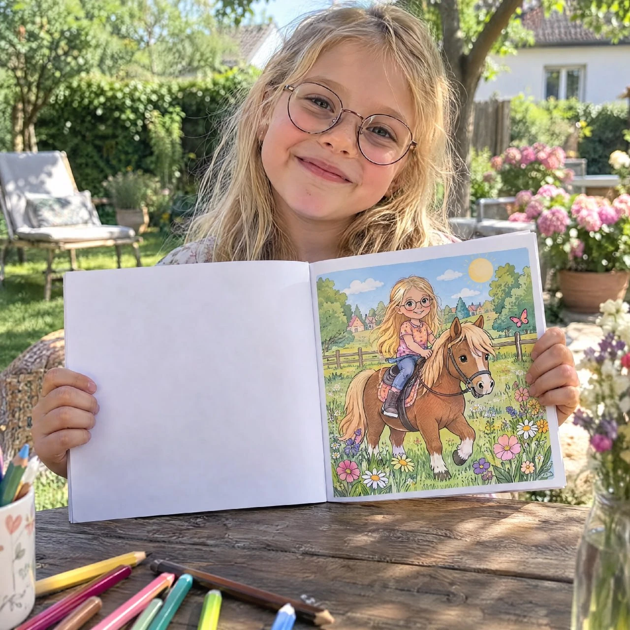 Girl with glasses shows her colored-in coloring page: she is riding a pony