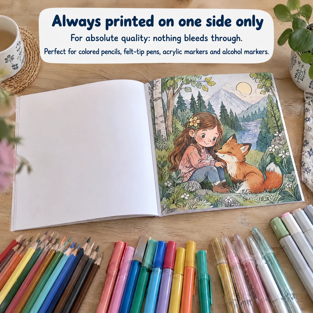 Always printed on one side only: for absolute quality, perfect for colored pencils, felt-tip pens, acrylic markers and alcohol markers