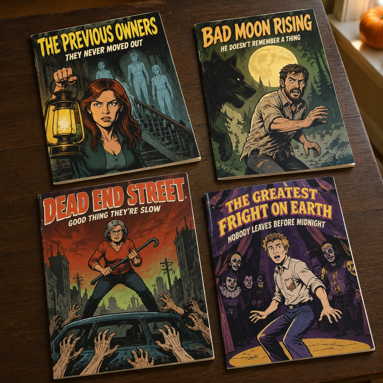 Four horror comics: The Previous Owners, Bad Moon Rising, Dead End Street and The Greatest Fright on Earth