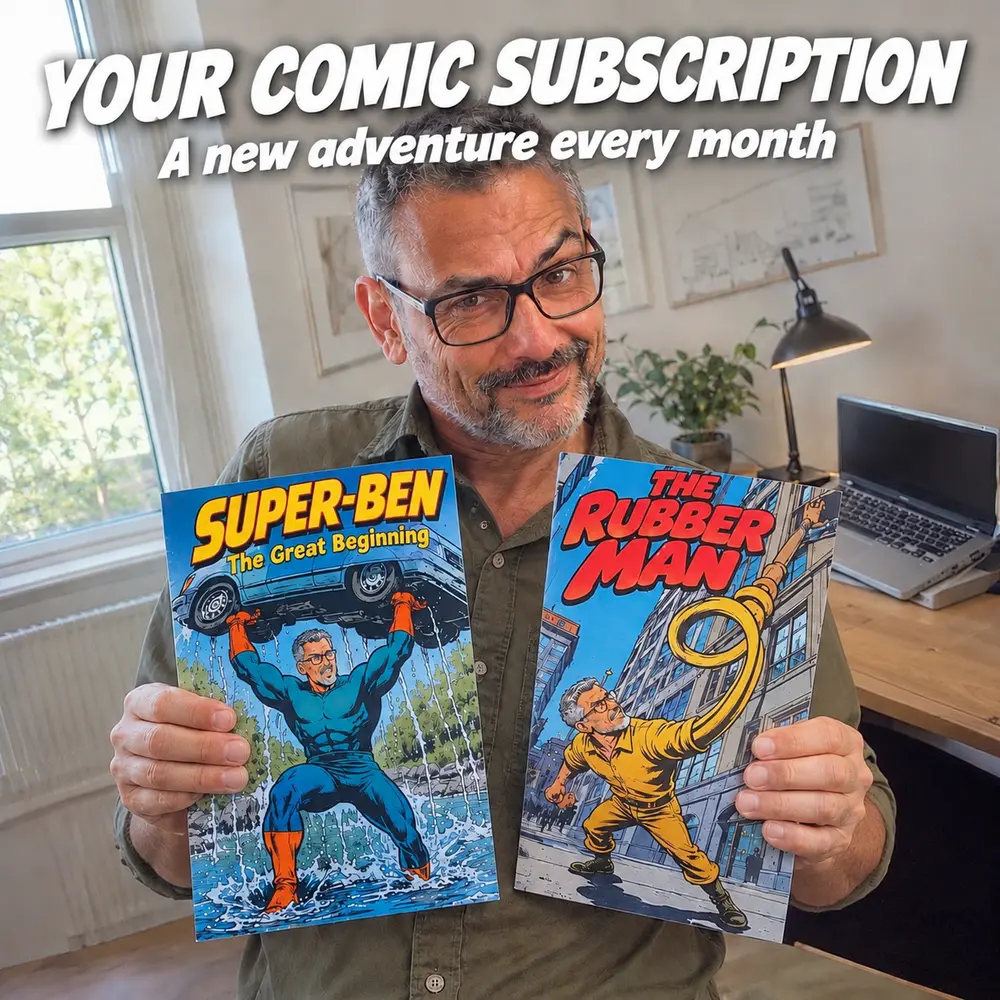 Man holding his own comics from the MeStory subscription